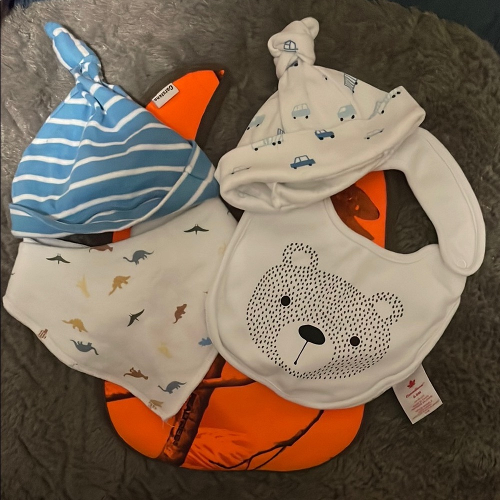 Baby Bib and Hat Set - Blue and White